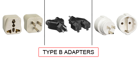 TYPE B adapters are used in the following Countries:
<br>
Primary Countries known for using TYPE B adapters is the United States, Canada, Taiwan, Japan and Jamaica.

<br>Additional Countries that use TYPE B adapters are American Samoa, Anguilla, Antigua & Barbuda, Aruba, Bahamas, Barbados, Belize, Bermuda, Bolivia, British Virgin Islands, Cayman Islands, Columbia, Costa Rica, Cuba, Dominican Republic, Ecuador, El Salvador, Guam, Guatemala, Guyana, Haiti, Honduras, Liberia, Mariana Islands, Marshall Islands, Mexico, Micronesia, Midway Islands, Montserrat, Nicaragua, Palau, Panama, Peru, Philippines, Puerto Rico, Trinidad & Tobago, Turks & Caicos Islands, US Virgin Islands, Venezuela, Wake Island.

<br><font color="yellow">*</font> Additional Type B Electrical Devices:


<br><font color="yellow">*</font> <a href="https://internationalconfig.com/icc6.asp?item=TYPE-B-PLUGS" style="text-decoration: none">Type B Plugs</a> 

<br><font color="yellow">*</font> <a href="https://internationalconfig.com/icc6.asp?item=TYPE-B-CONNECTORS" style="text-decoration: none">Type B Connectors</a> 

<br><font color="yellow">*</font> <a href="https://internationalconfig.com/icc6.asp?item=TYPE-B-OUTLETS" style="text-decoration: none">Type B Outlets</a> 

<br><font color="yellow">*</font> <a href="https://internationalconfig.com/icc6.asp?item=TYPE-B-POWER-CORDS" style="text-decoration: none">Type B Power Cords</a>

<br><font color="yellow">*</font> <a href="https://internationalconfig.com/icc6.asp?item=TYPE-B-POWER-STRIPS" style="text-decoration: none">Type B Power Strips</a>

<br><font color="yellow">*</font> <a href="https://internationalconfig.com/worldwide-electrical-devices-selector-and-electrical-configuration-chart.asp" style="text-decoration: none">Worldwide Selector. View all Countries by TYPE.</a>

<br>View examples of TYPE B adapters below.
